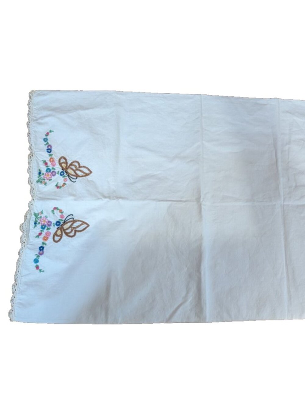 Vintage Standard Sz Pillow Case Embroidered Butterflies Blue Red Green
